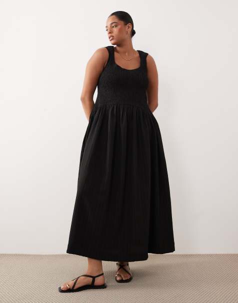 ASOS DESIGN Curve - Robe d'été longue froissée à encolure dégagée et taille froncée - Noir - view 1