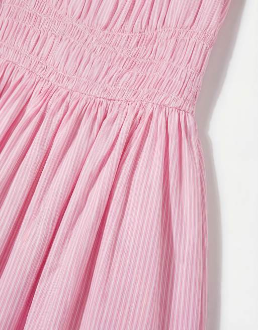 ASOS DESIGN Curve - Robe d'été longue froncée à taille basse en popeline de coton à rayures - Rose, 7 de 11