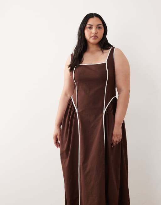 ASOS DESIGN Curve - Robe d'été mi-longue à encolure carrée avec buste sculpté et liseré contrastant - Chocolat, 2 de 4