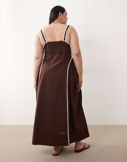 ASOS DESIGN Curve - Robe d'été mi-longue à encolure carrée avec buste sculpté et liseré contrastant - Chocolat, 3 de 4
