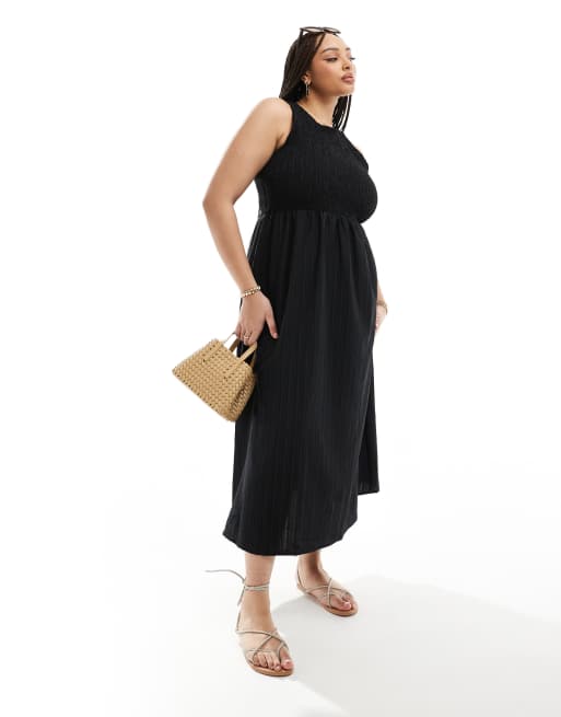 ASOS DESIGN Curve - Robe d'été mi-longue effet froissé avec col nageur et dos échancré - Noir