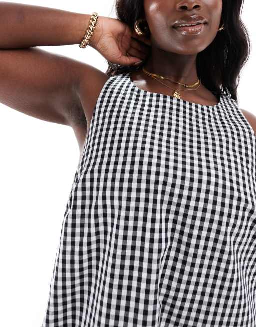ASOS DESIGN Curve - Robe d'été mi-longue fluide à col montant en lin - Vichy noir et blanc, 2 de 4