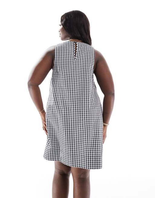 ASOS DESIGN Curve - Robe d'été mi-longue fluide à col montant en lin - Vichy noir et blanc, 3 de 4