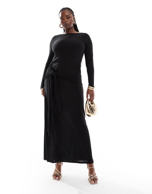 ASOS DESIGN Curve - Robe drapée longue avec liens noués devant - Noir, 2 de 4