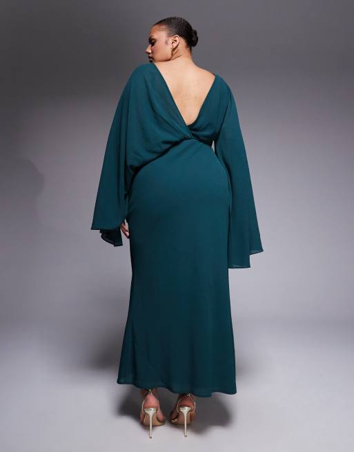 ASOS DESIGN Curve - Robe drapée longueur mollet à manches kimono et dos ouvert - Kaki, 3 de 4