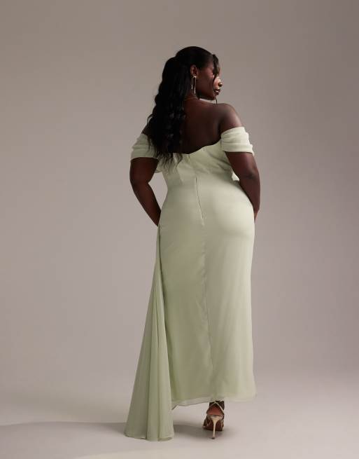 ASOS DESIGN Curve - Robe drapée longueur mollet pour demoiselle d'honneur avec encolure Bardot - Vert clair, 3 de 5