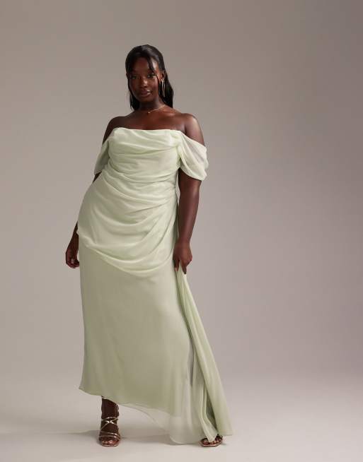 ASOS DESIGN Curve - Robe drapée longueur mollet pour demoiselle d'honneur avec encolure Bardot - Vert clair, 4 de 5