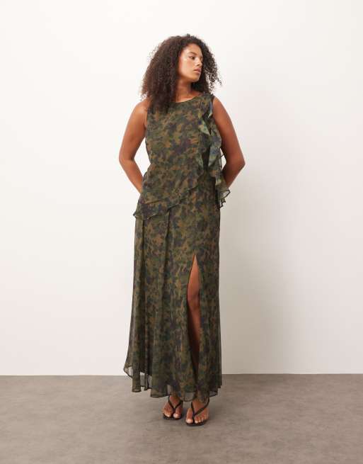 ASOS DESIGN Curve - Robe droite dos nageur à volants et imprimé abstrait - Vert, 2 de 4