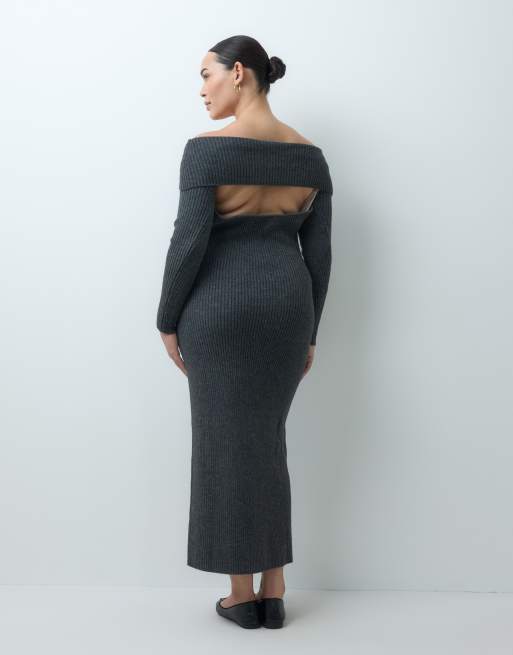 ASOS DESIGN Curve robe en maille mi-longue à dos nu et épaules dénudées en charbon, 4 de 4