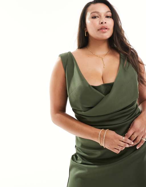 ASOS DESIGN Curve - Robe fourreau mi-longue à buste plissé et encolure carrée - Vert foncé, 2 de 4