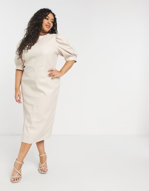 ASOS DESIGN Curve - Robe fourreau mi-longue effet cuir à manches bouffantes - Taupe, 4 de 4