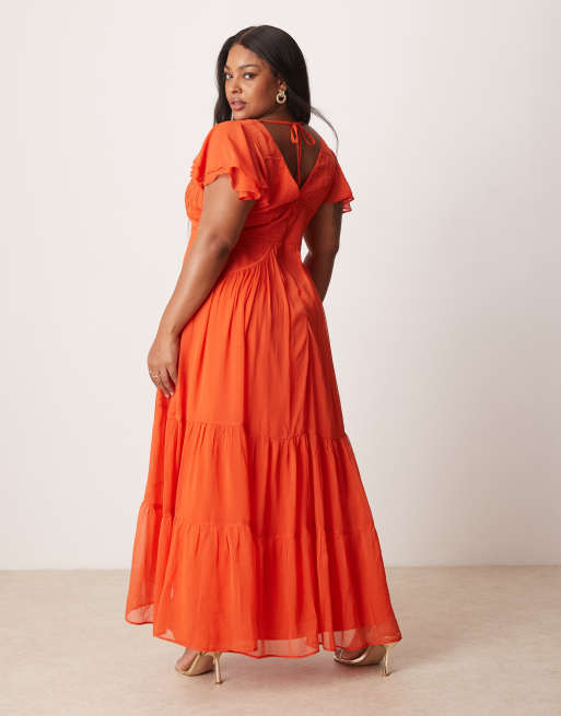 ASOS DESIGN Curve - Robe froncée longue à manches évasées et ourlet asymétrique - Rouge épicé, 4 de 4