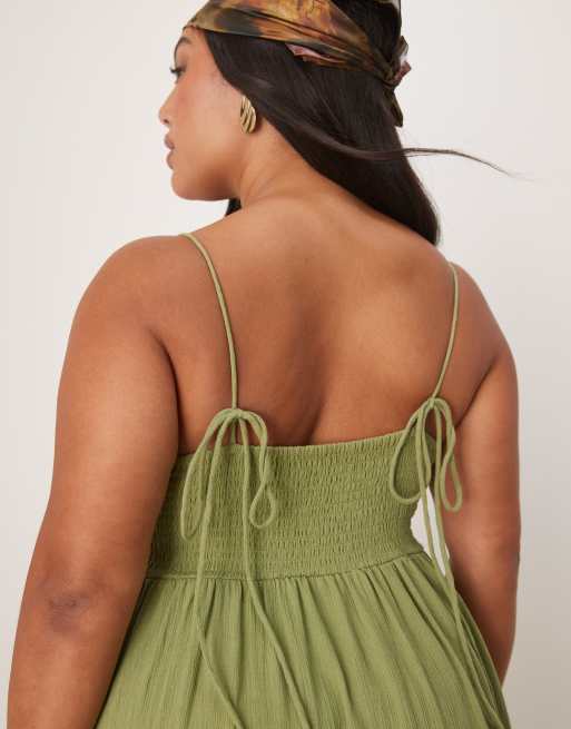 ASOS DESIGN Curve - Robe longue à bretelles fines effet froissé - Olive, 3 de 4