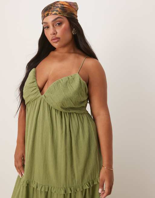 ASOS DESIGN Curve - Robe longue à bretelles fines effet froissé - Olive, 4 de 4