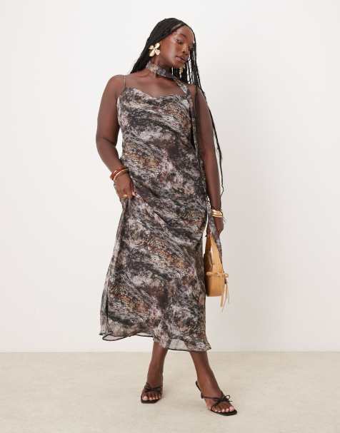 ASOS DESIGN Curve - Robe longue à bretelles fines et encolure nouée avec imprimé abstrait - Gris - view 1