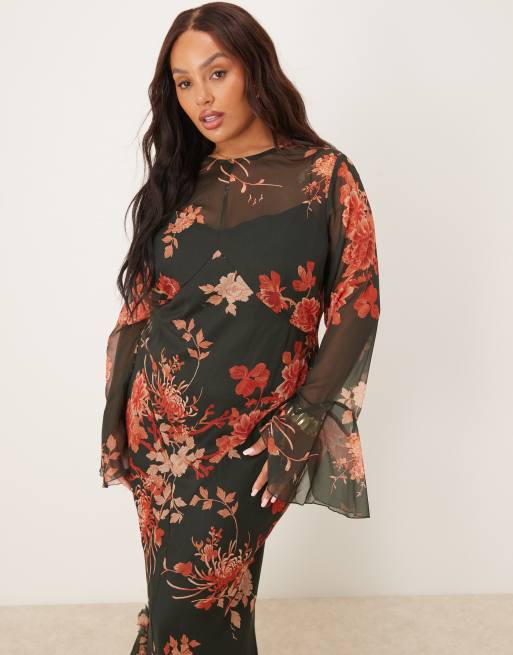 ASOS DESIGN Curve - Robe longue à coutures volantées et dos en V avec manches longues - Noir à fleurs, 2 de 4
