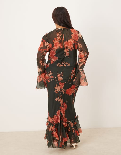 ASOS DESIGN Curve - Robe longue à coutures volantées et dos en V avec manches longues - Noir à fleurs, 3 de 4