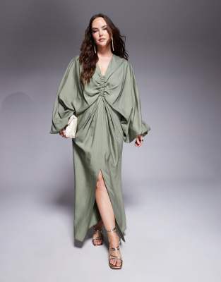 ASOS DESIGN Curve - Robe longue à décolleté plongeant élastique et manches blousantes - Kaki doux-Vert