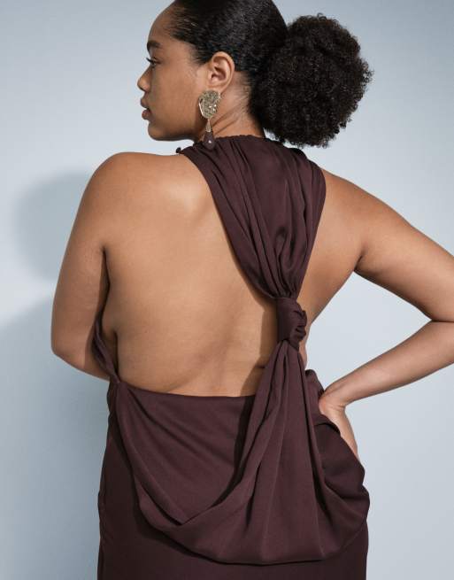 ASOS DESIGN Curve - Robe longue à encolure américaine drapée avec nœud dans le dos - Marron chocolat, 4 de 9