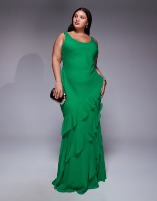 ASOS DESIGN Curve - Robe longue à encolure dégagée, jupe volante et découpe dans le dos - Vert vif 58