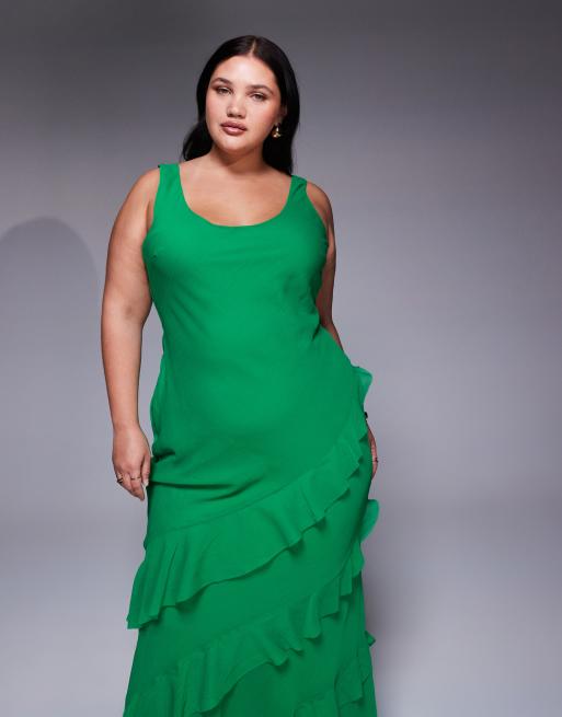 ASOS DESIGN Curve - Robe longue à encolure dégagée, jupe volante et découpe dans le dos - Vert vif, 2 de 4