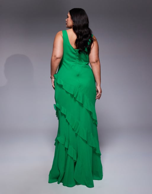 ASOS DESIGN Curve - Robe longue à encolure dégagée, jupe volante et découpe dans le dos - Vert vif, 4 de 4