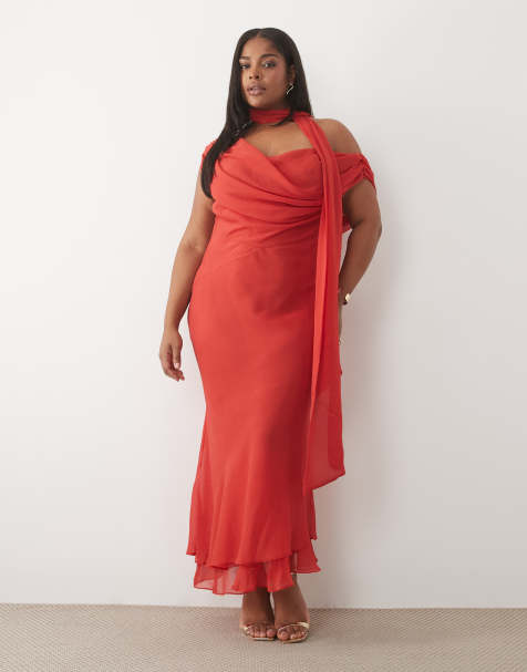 ASOS DESIGN Curve robe longue à épaules dénudées drapée avec détail écharpe et double épaisseur rouge foncé - view 1