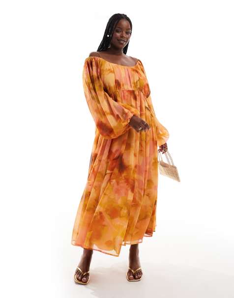 ASOS DESIGN Curve - Robe longue à fleurs avec encolure dégagée et empiècement froncé à la taille - Orange - view 1