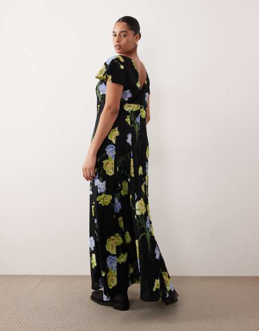 ASOS DESIGN Curve - Robe longue à fleurs et godets avec encolure dégagée et manches courtes, 4 de 4