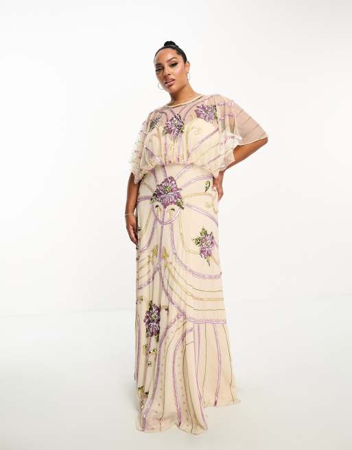 ASOS DESIGN Curve - Robe longue à fleurs et ornements avec manches chauve-souris - Crème, 4 de 4