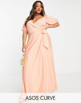 ASOS DESIGN Curve puff sleeve gathered front maxi dress in apricot - ORANGE - ASOS Price Checker