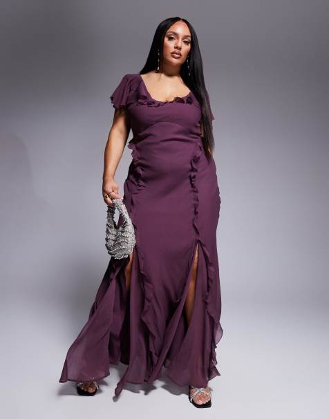 ASOS DESIGN Curve - Robe longue à manches évasées et volants avec jupe à godets - Aubergine - view 1