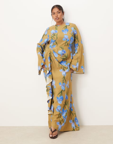 ASOS DESIGN Curve - Robe longue à manches longues avec jupe volantée - Vert à imprimé fleurs oversize - view 1