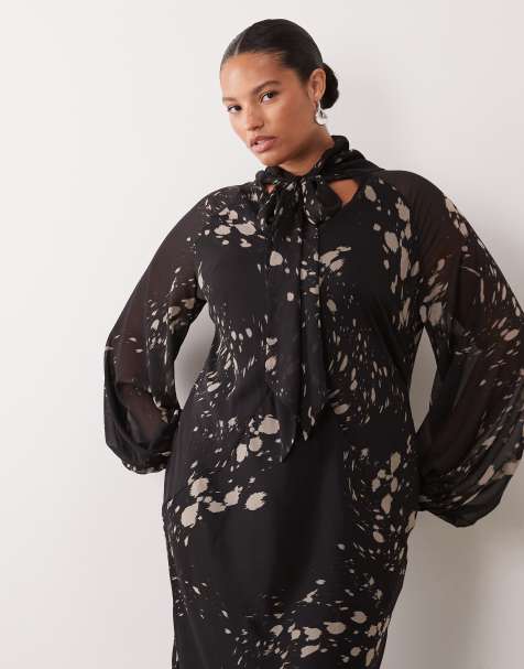 ASOS DESIGN Curve robe longue à nœud lavallière imprimé à pois abstraits - view 1