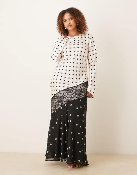 ASOS DESIGN Curve - Robe longue à pois en satin avec bordures en dentelle - Noir et blanc - view 1