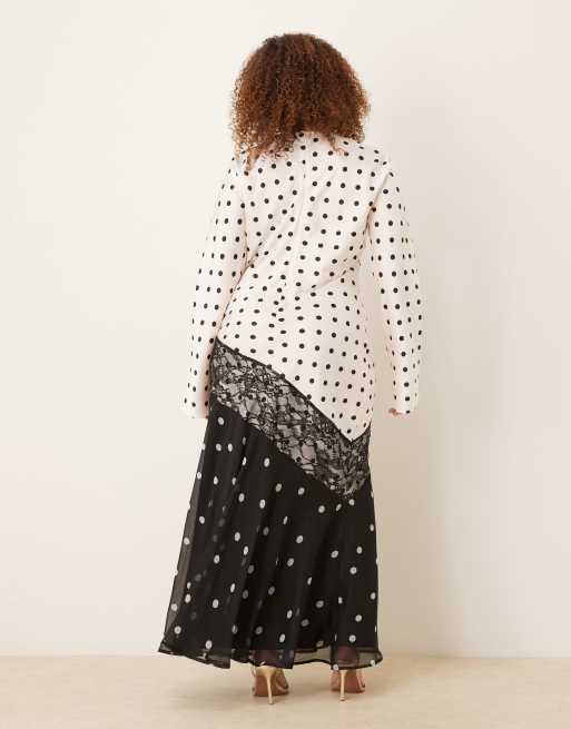 ASOS DESIGN Curve - Robe longue à pois en satin avec bordures en dentelle - Noir et blanc, 2 de 4
