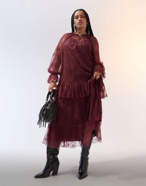 ASOS DESIGN Curve - Robe longue à volants en dentelle - Bordeaux