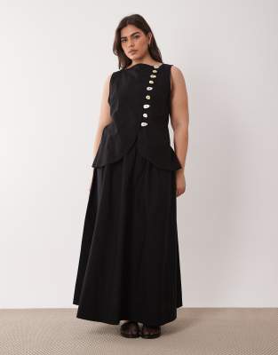 ASOS DESIGN Curve - Robe longue aspect lin coupe gilet de tailleur avec jupe en popeline - Noir 48