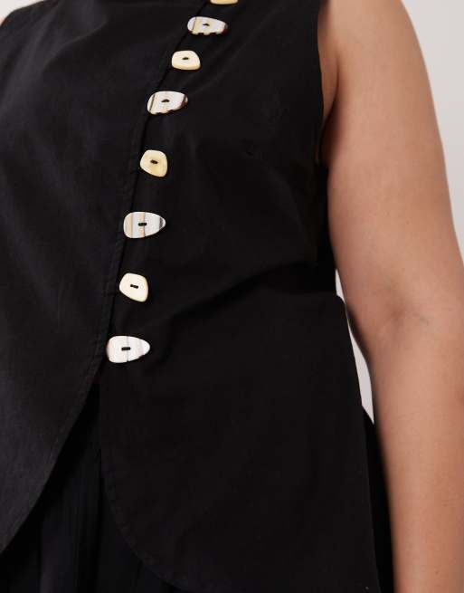 ASOS DESIGN Curve - Robe longue aspect lin coupe gilet de tailleur avec jupe en popeline - Noir, 3 de 4