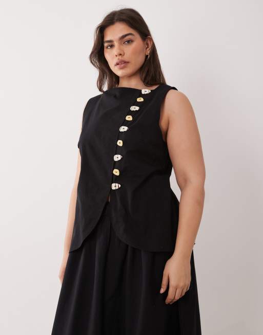 ASOS DESIGN Curve - Robe longue aspect lin coupe gilet de tailleur avec jupe en popeline - Noir, 4 de 4