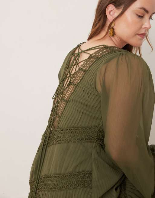 ASOS DESIGN Curve - Robe longue asymétrique à manches longues bords en dentelle - Kaki, 2 de 4