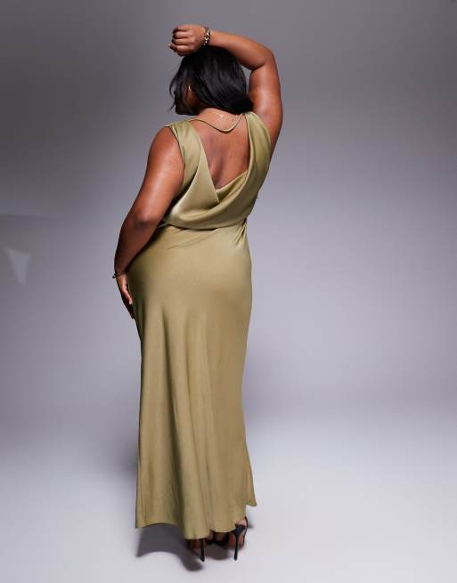 ASOS DESIGN Curve - Robe longue avec buste drapé et dos bénitier - Olive, 3 de 4