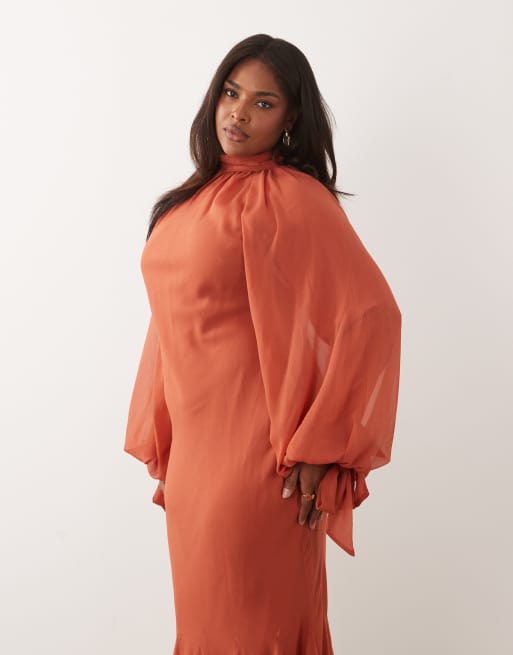 ASOS DESIGN Curve - Robe longue avec col montant et ourlet à godets - Rouille, 2 de 4