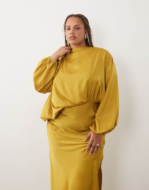 ASOS DESIGN Curve - Robe longue avec corsage asymétrique et manches blousantes - Vert olive, 2 de 4