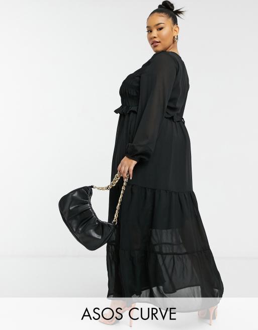 ASOS DESIGN Curve - Robe longue avec volants et superpositions - Noir
