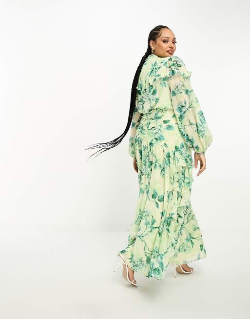 ASOS DESIGN Curve - Robe longue boutonnée à fleurs avec corsage froncé et volants, 3 de 4