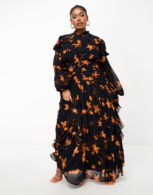 ASOS DESIGN Curve - Robe longue boutonnée à fleurs avec corsage froncé et volants