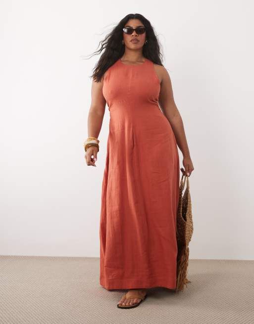 ASOS DESIGN Curve - Robe longue cintrée à la taille 100 % lin de qualité avec dos ouvert - Terracotta, 2 de 4