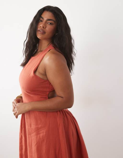 ASOS DESIGN Curve - Robe longue cintrée à la taille 100 % lin de qualité avec dos ouvert - Terracotta, 4 de 4