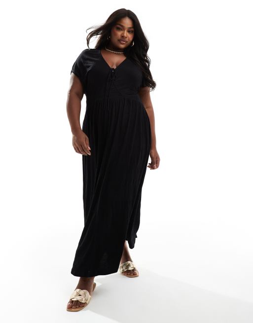ASOS DESIGN Curve - Robe longue col en V à taille à cordon de serrage - Noir